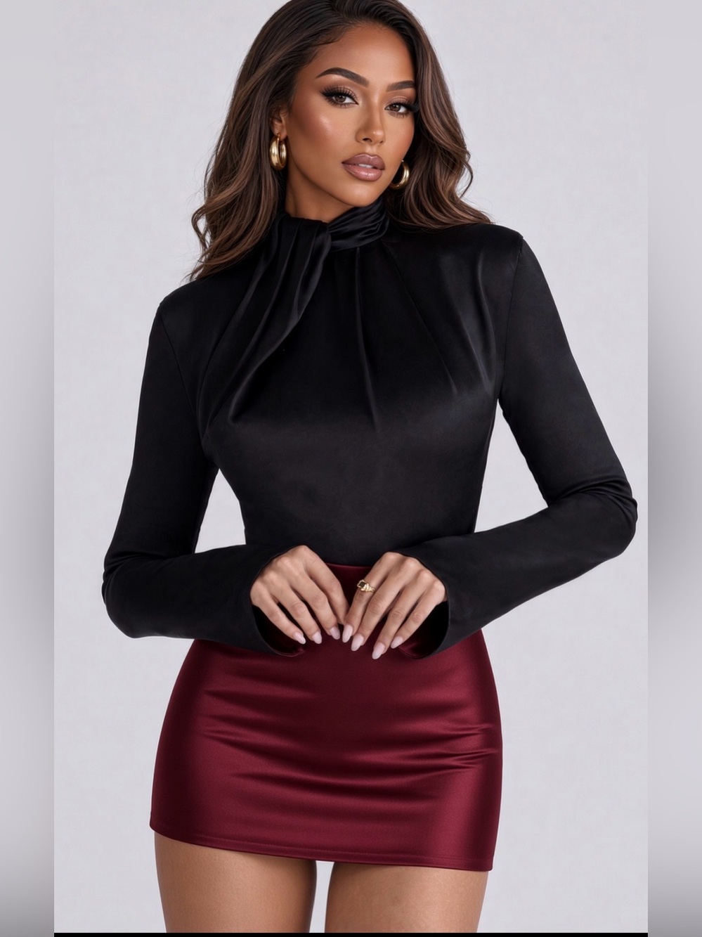 HOUSE OF CB 'Neneh' Black Satin HighNeckLongSleeveBodysuit/Size S-US 4-6 $149